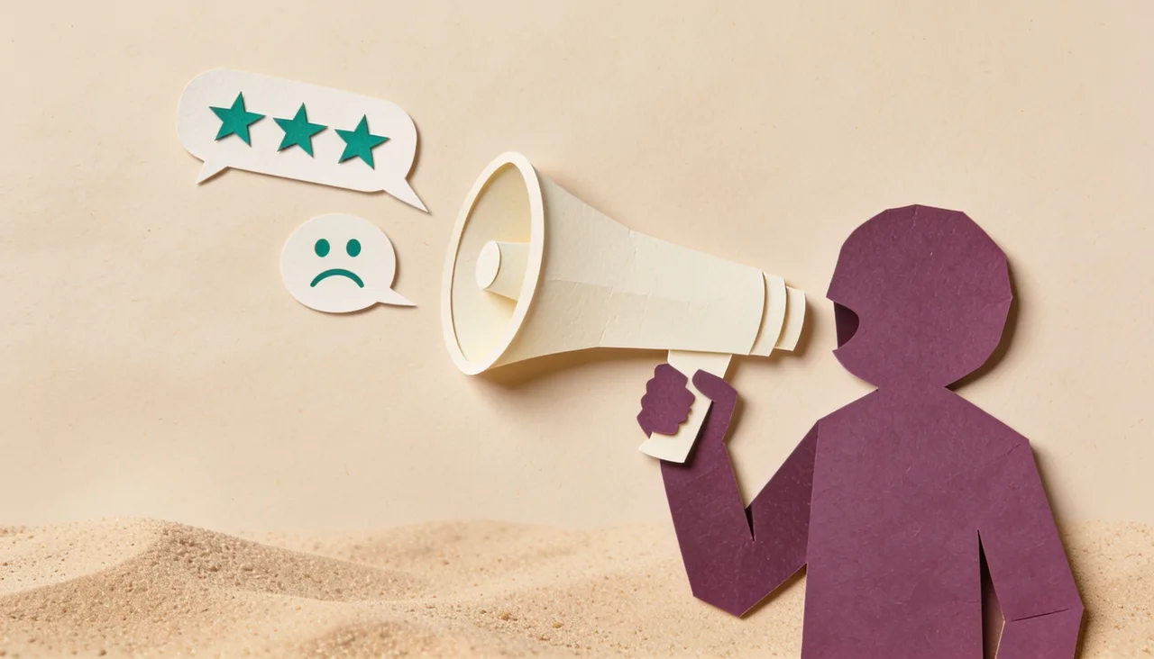 An anonymous figure speaking through a megaphone with honest ratings coming out