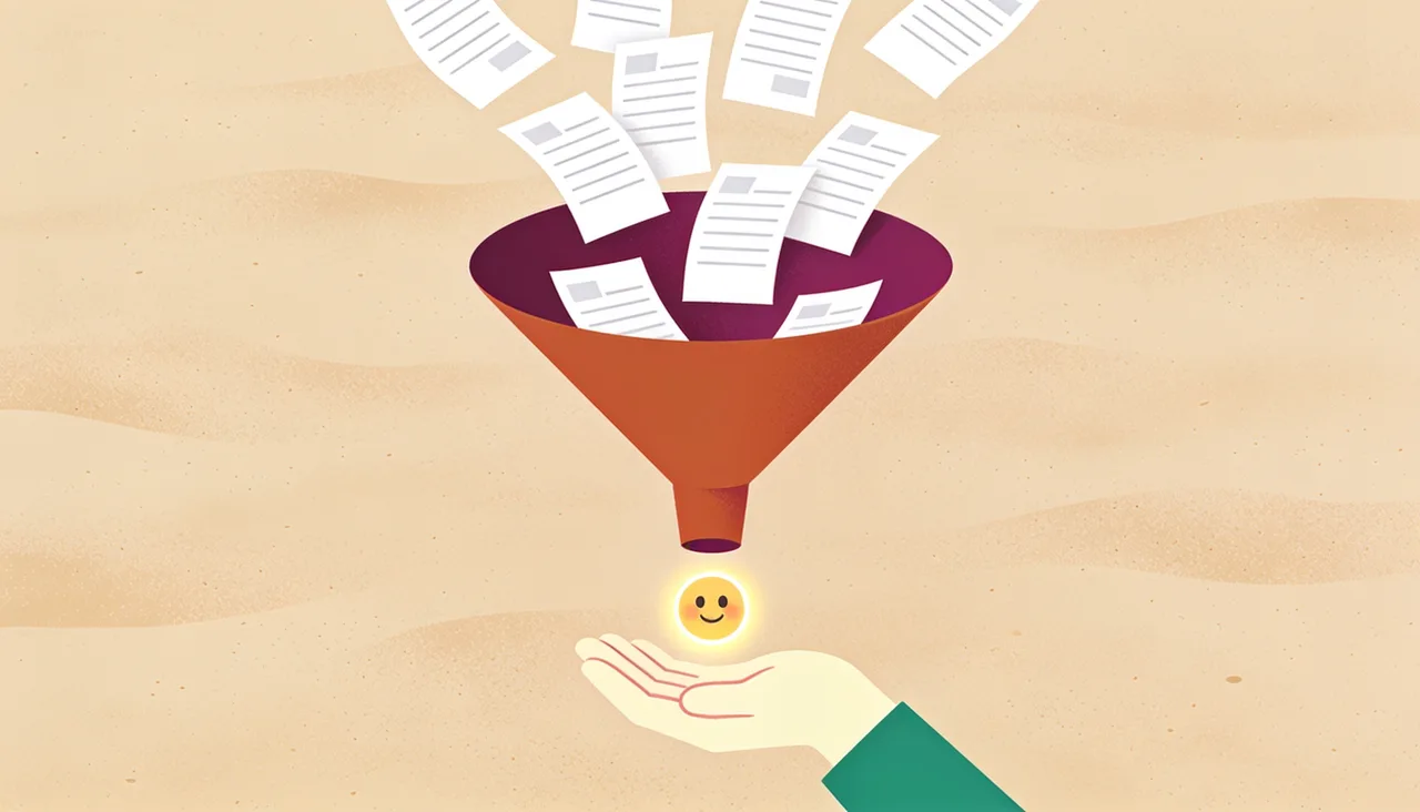 A funnel turning a pile of survey forms into a single clear answer