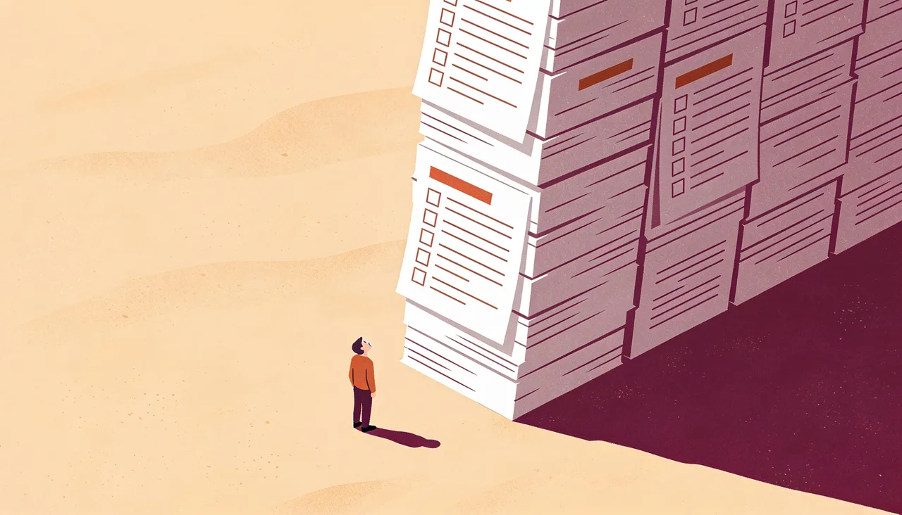 A tiny person facing a towering wall of survey forms