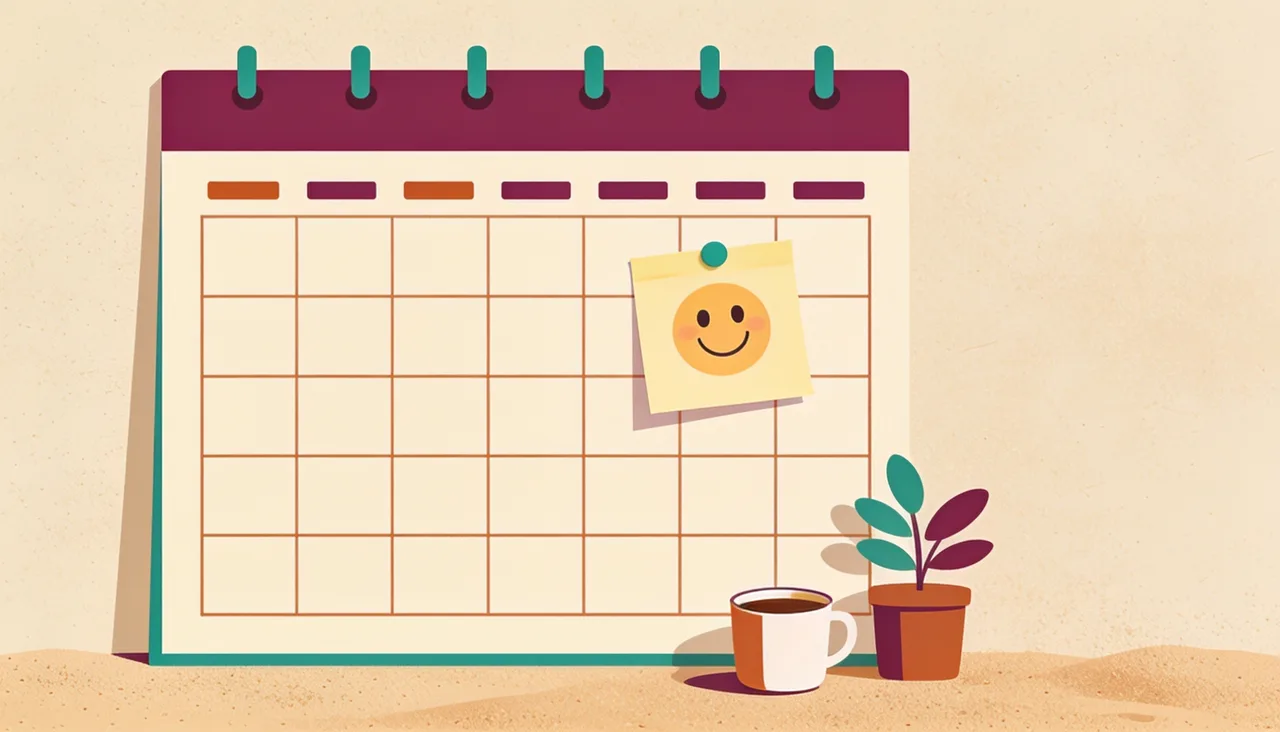 A calendar with a single emoji sticky note marking check-in day